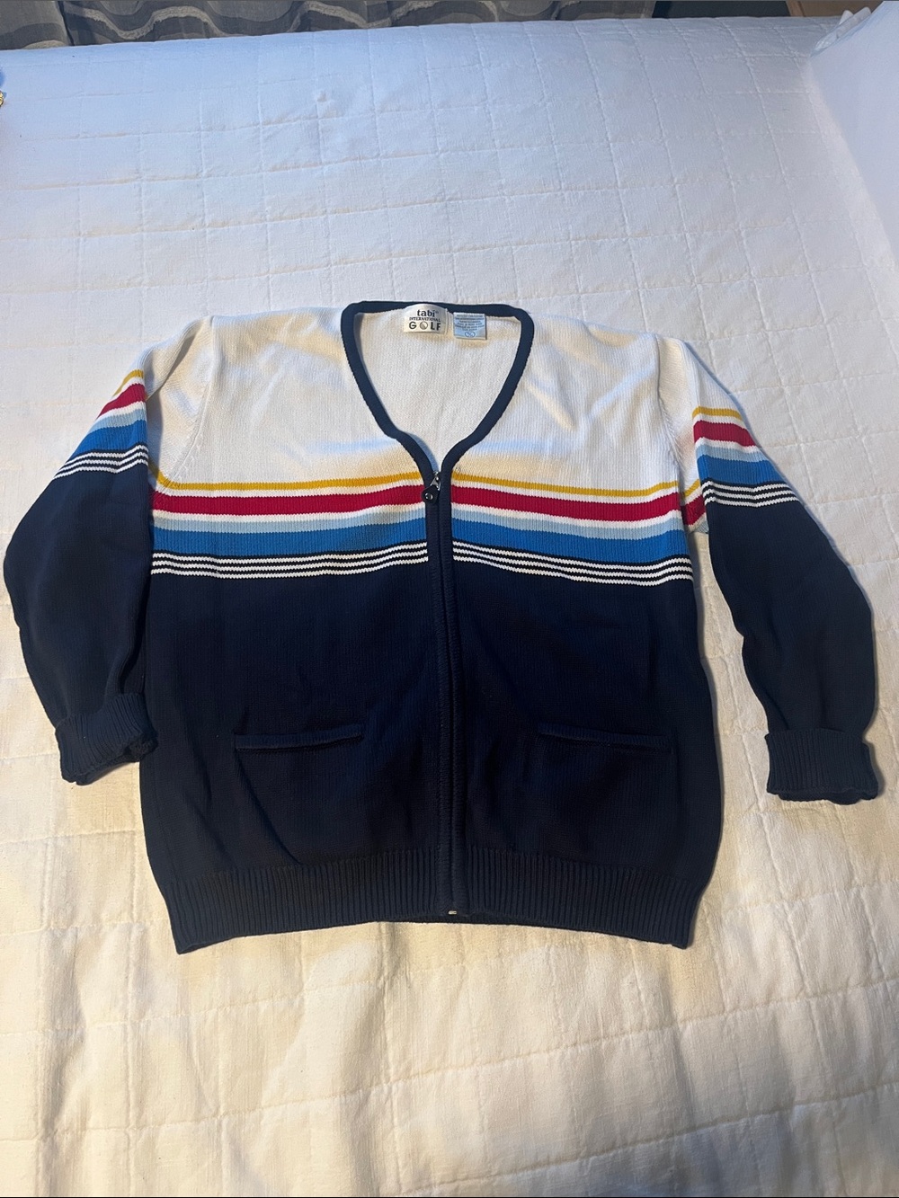 Vintage Striped Zip-Front Golf Cardigan - Navy, White, Red, Yellow, Blue